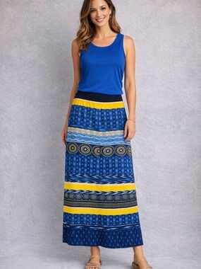 Karen Kane Boho Skirt Set Blue Yellow Maxi + Tank Outfit M L